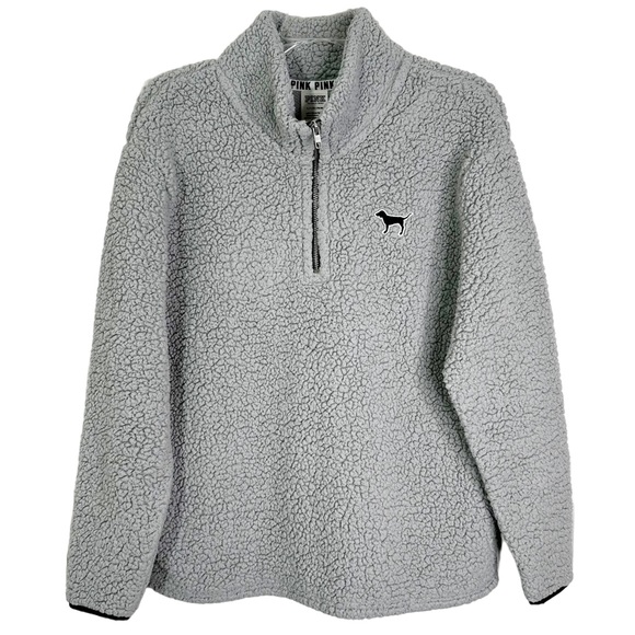 PINK VS Quarter Zip Teddy Sherpa Boyfriend Pullover Sweatshirt Grey Women’s S - Picture 1 of 11